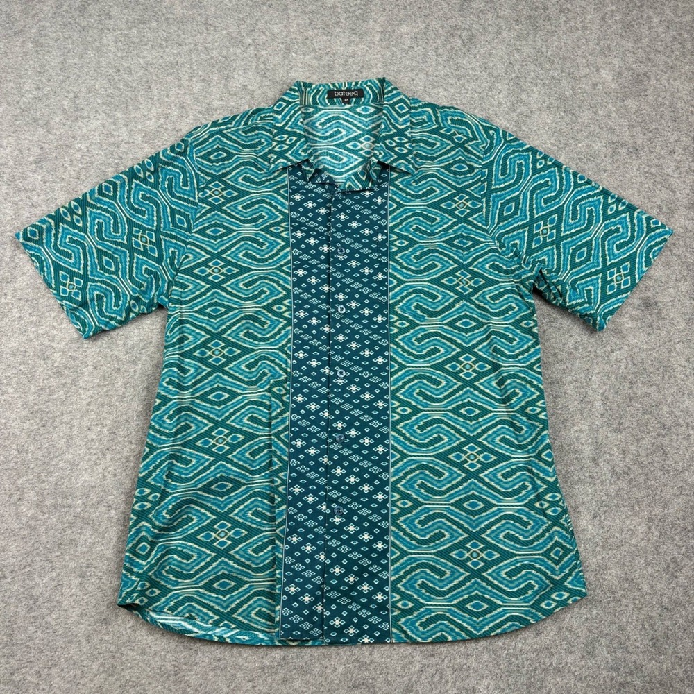Bateeq Button Up Shirt Mens 17 Teal Geometric Batik Print Short Sleeve Cotton